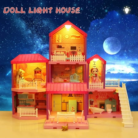 Freecat 36 inch Dollhouse with Slide,Dolls and 11 Rooms,Creative Dollhouse Toys Gift for 3 to 6 Year Old Girls