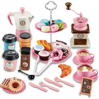 Ababeny Pretend Tea Party Set for Little Girls, 38 PCS Coffee Maker Set and Play Food Dessert Set for Kids Age 3 4 5 6 7 8 9（pink）