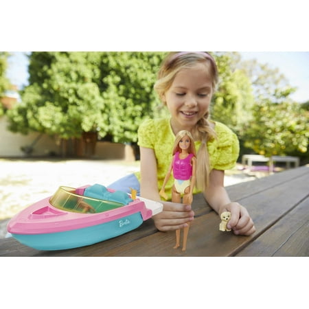 Barbie Toy Boat Set with Puppy, Life Vest and Beverage Accessories, Floats in Water (Seats 3 Dolls)