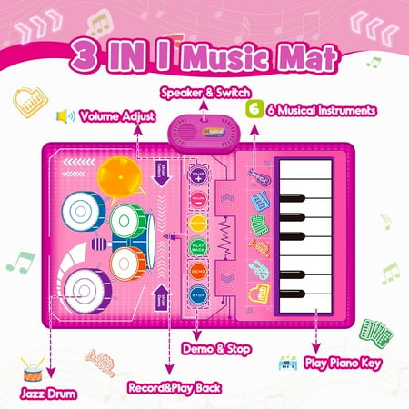 Musical Toys Baby Piano Mat 1 Year Old Girls Toys, Keyboard & Drum Musical Mat, Gifts for 1 2 3 Years Old Girls, Music Sensory Play Mat Toys for Girls Ages 1 2 3 4