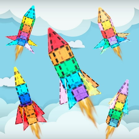 PicassoTiles 32 PC Rocket Themed, Magnetic Tiles, Magnetic Building Blocks for Kids, Magnet for Kids 3+