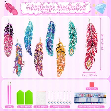 Anofty 8PCS Diamond Art Bookmarks Kit, 5D Diamond Painting Art Craft Kits for Adults and Kids Ages 8-13, Feather DIY Bookmark Christmas Birthday Gift Toys for Girls 8-11 years