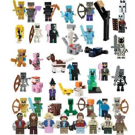 43 Pcs Mine-craft Minifigures Building Blocks Toys Set, Game Pixelated Miner Character Action Figures Building Kits Collection Display Toy for Boys Kids Fans