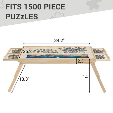 1500 Pcs Wooden Folding Puzzle Table with Legs, 34" x 26" Jigsaw Wooden Puzzle Board with 4 Sliding Drawers and Puzzle Cover Jigsaw Puzzle Table for Adults Birthday Gift for Family