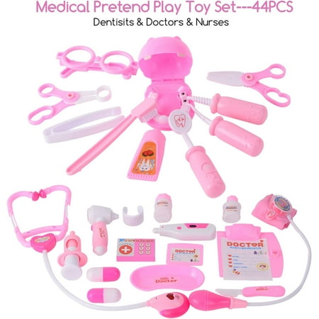 44 Pieces Educational Doctor Pretend Play Toy Set Dentist Medical Kit with Storage Box & Lights & Sounds for Doctor Roleplay-Pink