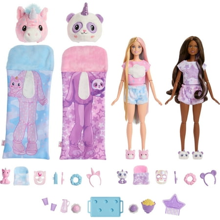 Barbie Cutie Reveal Slumber Party Gift Set with 2 Dolls & 2 Pets, 35+ Surprises, Cozy Cute Tees