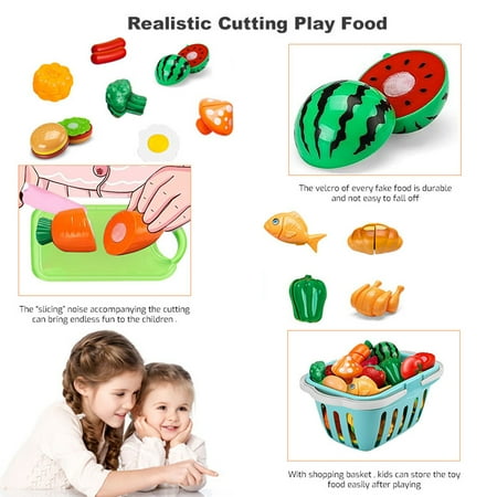 24 Pcs Cutting Pretend Play Food Toys for Kids Kitchen Set Playset Accessories BPA Free Peel & Cut Toy Food Fruits and Vegetables Toys, Christmas Birthday Gift for Girls Boys Kids Storage Basket