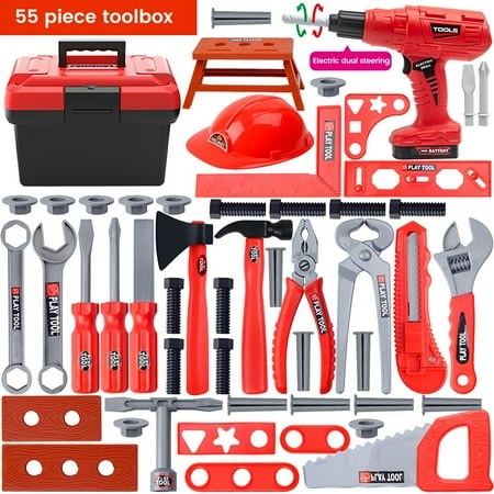 ALLJOY 55pcs Kids Tool Set,Pretend Play Construction Toys with Tool Box & Electronic Toy Drill Christmas Birthday Gift for Toddlers Boys Girls