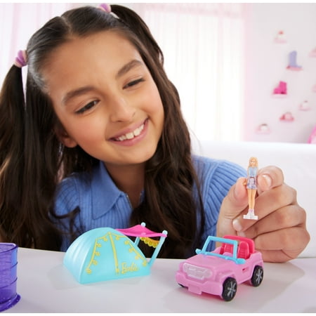 Barbie Mini BarbieLand Doll & Vehicle Set with 1.5-inch Doll, Color-Change SUV & Tent Accessory