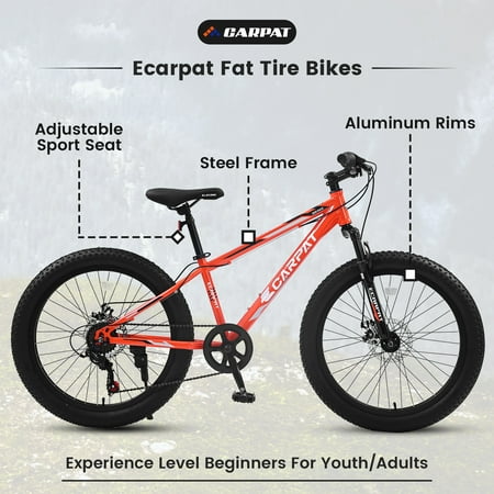 24 inch Fat Tire Bike, Shimano 7-Speed, Dual-Disc Brakes, Orange Trail Mountain Bike for Adult/Youth