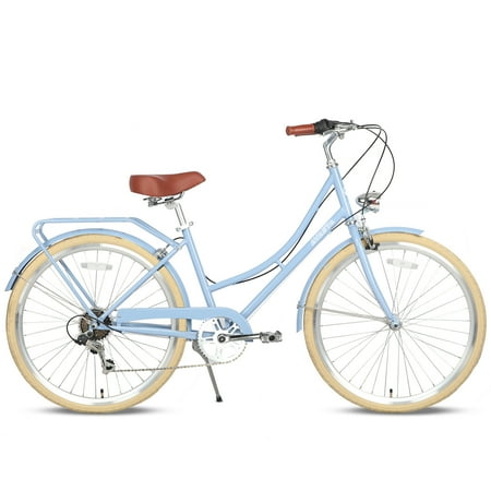 AVASTA Hybrid Bike for Women Female Lightweight Step Through 26 inch Hi-Ten Steel Frame City Commuter Comfort Lady Bicycle, 6-Speed, Color Blue with Beige Tires