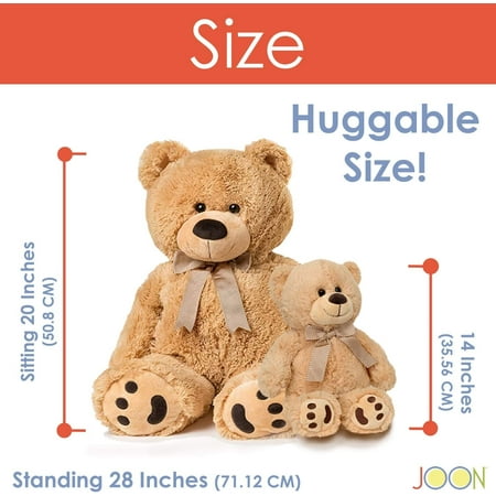 JOON Big Teddy Bear - Fluffy Faux Fur, Ribbon & Bow Signature Footprints- Huggable & Lovable Joy - Ideal Gift for Baby Showers, Loved Ones – Perfect Big Cuddly Plush Toy Companion, 28 Inches, Tan