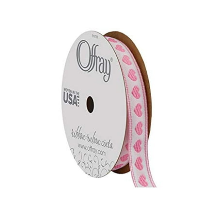 Offray Ribbon, Pink 3/8 inch Hearts Woven Ribbon, 9 feet