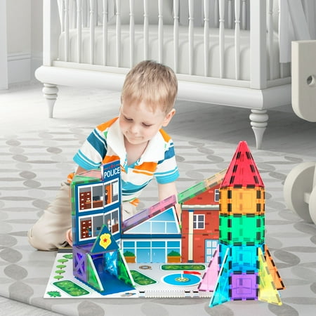 PicassoTiles 32 PC Rocket Themed, Magnetic Tiles, Magnetic Building Blocks for Kids, Magnet for Kids 3+