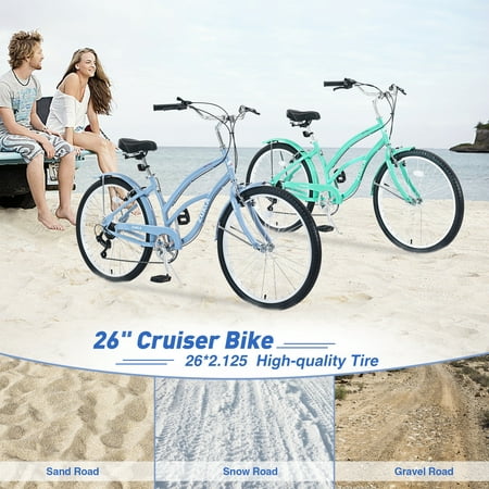 Aukfa 26" Cruiser Bike, 7 Speed Bicycle Hybrid Bikes for Women Girls Ladies,Light Blue