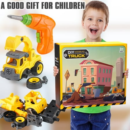 Take Apart Construction Trucks Toys for Boys 3-6 Years Cars Toys with Electric Drill and Map Kids STEM Building Toys