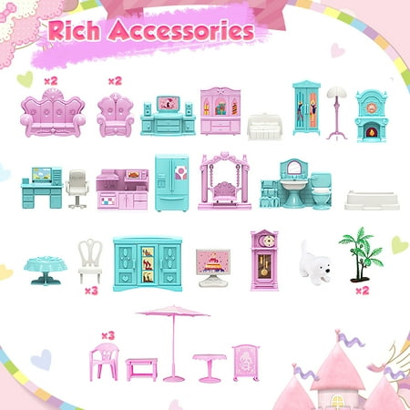 Freecat Doll House Kit Girls Toy, 11 Rooms DIY Pretend Play Dollhouse Playset Toys with Accessories and Furniture, Princess House for Toddlers, Christmas Birthday Gifts for 6-12 Year Old Girls (Pink)