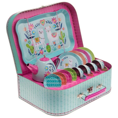 15 Piece Girls Pretend Toy Tin Tea Set Carrying Case Ballea