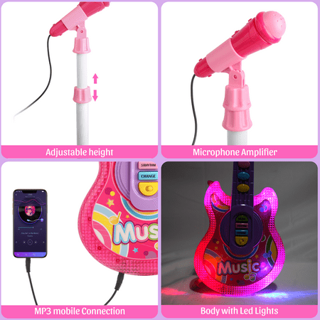 UUGEE Kids Guitar Toys for Girls 3-6 Years, Child Pretend Flash Electric Play Musical Instrument Toy with Mic Stand, Pink