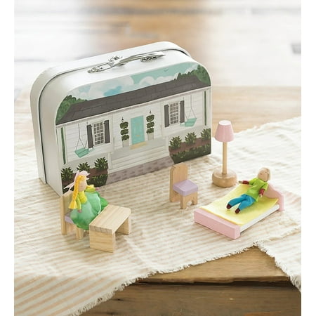 HearthSong 11 Inch Rainbow Cottage Travel Dollhouse Set with 2 Dolls and 5 Piece Furniture Set