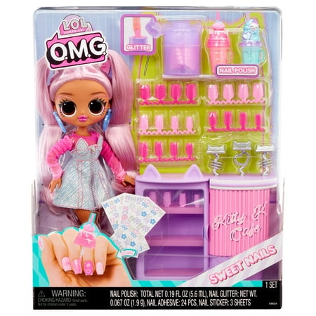 LOL Surprise OMG Sweet Nails Kitty K Café with 15 Surprises, Real Nail Polish, Press on Nails, Sticker Sheets, Glitter, 1 Fashion Doll, Kids Gift Ages 4+