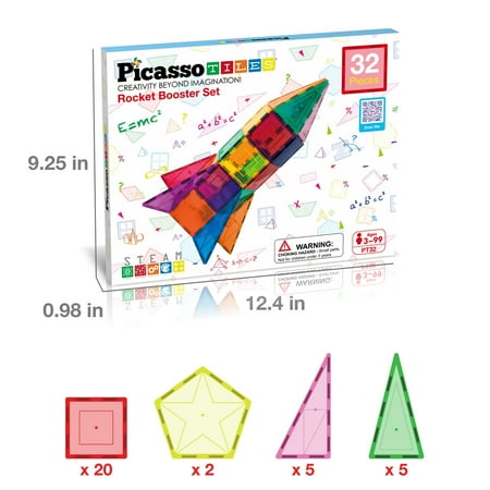 PicassoTiles 32 PC Rocket Themed, Magnetic Tiles, Magnetic Building Blocks for Kids, Magnet for Kids 3+