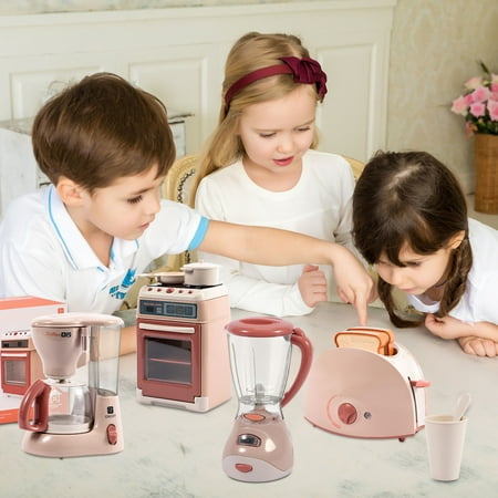 Wisairt Play Kitchen Set, 4Pcs Toy Kitchen Appliance w/Oven Toaster Coffee Maker Juicer, Khaki