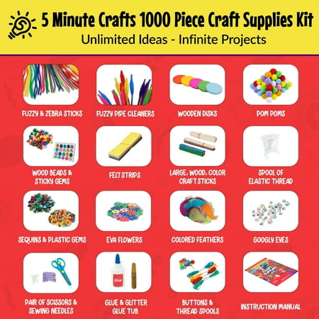 5-Minute Crafts 1000 Pieces Arts and Crafts Supplies Colorful Fuzzy Sticks Sequins Kids 6+ Non Toxic