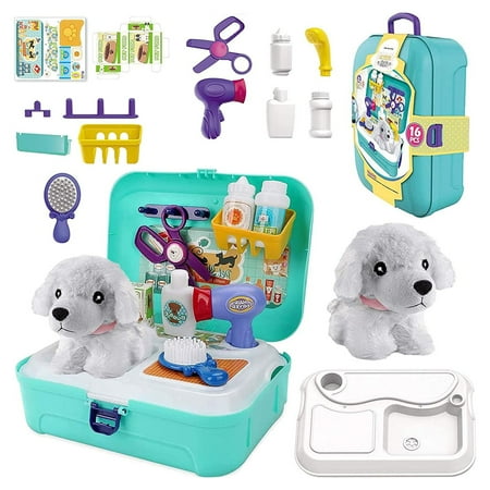 16 Pcs Pet Care Play Set Dog Grooming Kit with Backpack Doctor Set Vet Kit Educational Toy-Pretend Play for Toddlers Kids Children