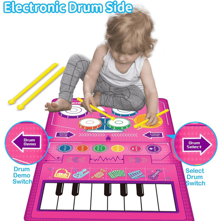 2 in 1 Musical Mat for Toddlers 1-3, Piano Keyboard & Drum Mat with 2 Drum Sticks, Musical Play Mat Toddler Toys Age 1-2, Baby Learning Toys for 1 Year Old Birthday Gifts for 1 2 3 Year Old Girls