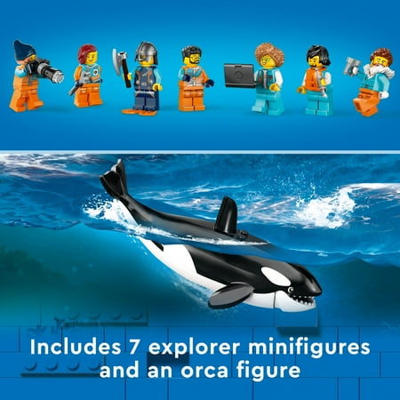 LEGO City Arctic Explorer Ship 60368 Building Toy Set, Fun Toy Gift for 7 year old Boys and Girls, with a Floatable Boat, Helicopter, Dinghy, ROV Sub, Viking Shipwreck, 7 Minifigures and an Orca