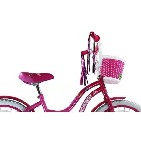 USToyOutlet 20 In. Cruiser Steel Frame Bicycle Coaster Brake One Piece Crank, White, Pink Full cover Chain Guard, Pink Basket, Fenders and Rims, White Tire Kid's Bike - Pink and Hot Pink