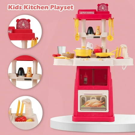 26Inch Play Kitchen Set for Kids, Anpro 48Pcs Interactive Kitchen Play Set with Sounds & Lights, Pretend Kitchen Cooking Toys for Age 3+ Boys Girls, Pink