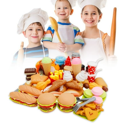 63PCS Play Food Pretend Play Fast Food Kitchen Toys Set Cutting Pizza Hamburger Ice Cream Playset for Toddler Kid Child Boys Girls Toys