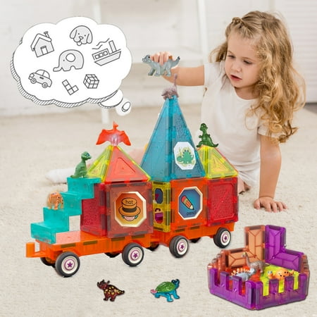 Magnetic Tiles Building Blocks with 4 Cars Magnet Train Set for Kids Construction STEM Toy Preschool Educational Creativity Learning Toys for Girls Boys Toddlers 3 4 5 6 7 8 Years Old