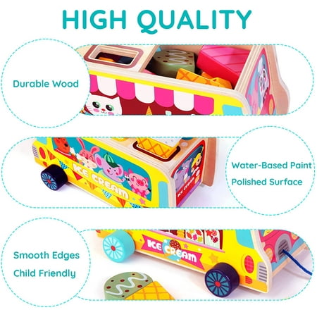 Wooden Ice Cream Truck, 28 pcs Magnetic Ice Cream Sweet Treats Pretend Play Food & Accessories, Montessori Sorting & Stacking Toys for Toddler Girls & Boys Age 2-4