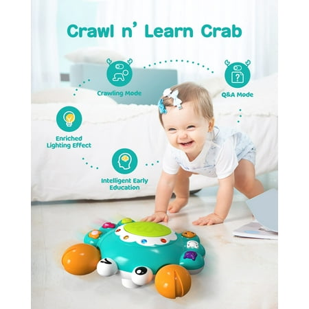 Auby Musical Crawling Crab Baby Toys 2 Year Old, Early Learning Educational Toy with Light & Sound, Press and Go Moving Toys for Baby, Tummy Time Toys for Toddlers Gift ,Crawling Crab Green Toy