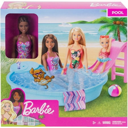 Barbie Doll and Pool Playset with Slide and Accessories, Brunette in Pink Swimsuit