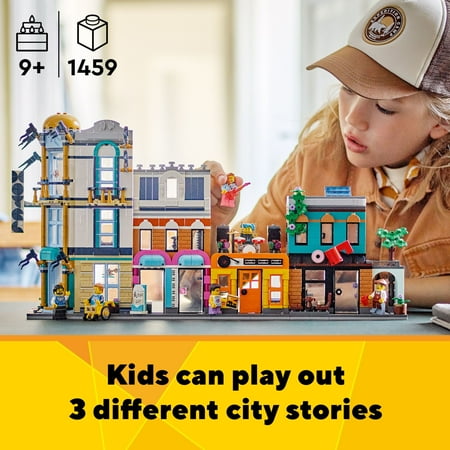 LEGO Creator 3 in 1 Main Street Building Toy Set, Features a Toy City, Art Deco Building, Market Street, Hotel, Café, Music Store and 6 Minifigures, Endless Play Possibilities for Kids, 31141