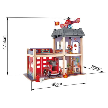 Hape City Red Fire Station Dollhouse Wood Playset, 13 Pieces, Light & Sound, Product Height 18.82 in, Gift Idea for Toddlers & Kids Ages 3+