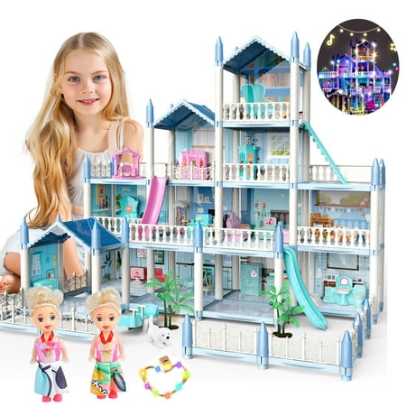 JoyStone Dollhouse with Colorful Light, Pretend Play 14 Rooms DIY Playhouse, Kids Doll House with 2 Dolls, Creative Gift for Girls, Blue