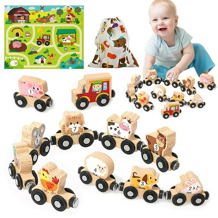 Toys for 1 2 3 Year Old Girls Boys, Wooden Farm Animals Train Set, Toddler Educational Toy, Montessori Learning Toys Ages 1-3