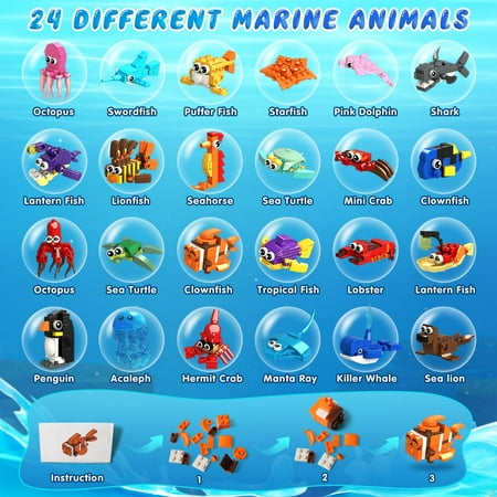 HogoKids 24 Pack Party Favors Building Set, 629pcs Marine Animals Building Blocks Toy for Kids Aged 6-12