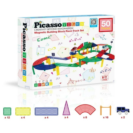 PicassoTiles 50 PC Race Track, Magnetic Tiles, Magnetic Building Toys for Kids 3+