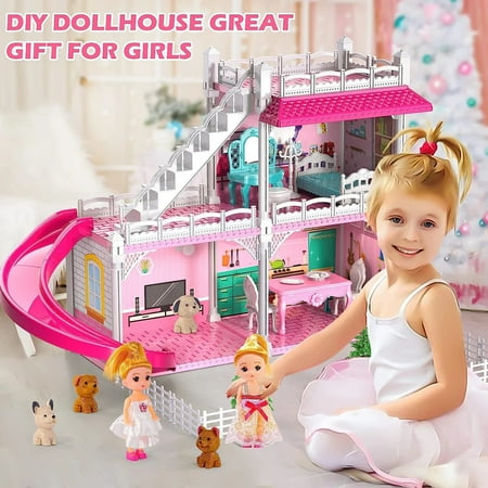 114 Pcs Doll House, DIY Dollhouse Kit Pink Girl Toys, 2 Stories 3 Rooms Educational Toys for Girls Dollhouse Toddler Playhouse Gift(16" x 12" x 4")