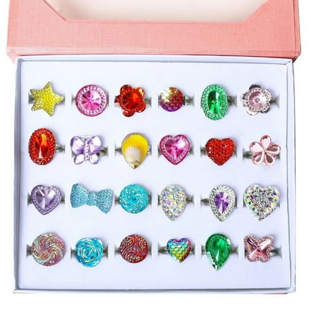 24Pcs Little Girl Jewel Rings in Box, Adjustable Kids Dress Up Pretend Play Jewelry, Birthday Gift for Kid Christmas Gifts Stocking Stuffers Presents for Girls Toys Age 3 4 5 6 7 8 Year Old