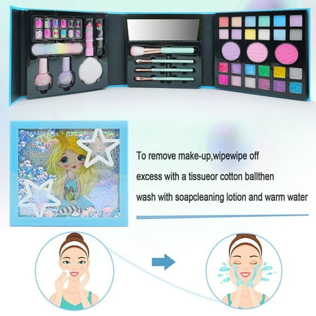 Non Toxic Washable Cosmetic Toy Beauty Set, Real Makeup Kit for Girls, Little Princess Pretend Play Set Christmas Birthday Gift for 5+Years Old Kids, Blue