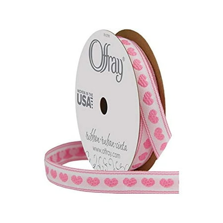 Offray Ribbon, Pink 3/8 inch Hearts Woven Ribbon, 9 feet