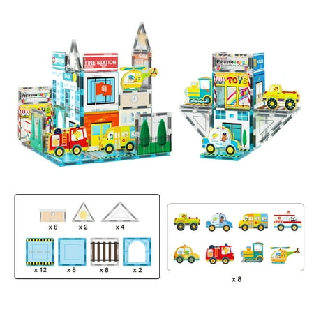 PicassoTiles 50 PC Metro City Themed, Magnetic Tiles, Magnetic Building Blocks for Kids, Magnet for Kids 3+