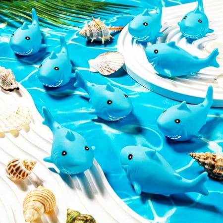 25 Pcs Rubber Sharks for Kids, Blue Shark Bath Toys Cute Floating Squeaky Mini Rubber Sharks for Shower, Classroom Carnival Prizes, Cake Decoration